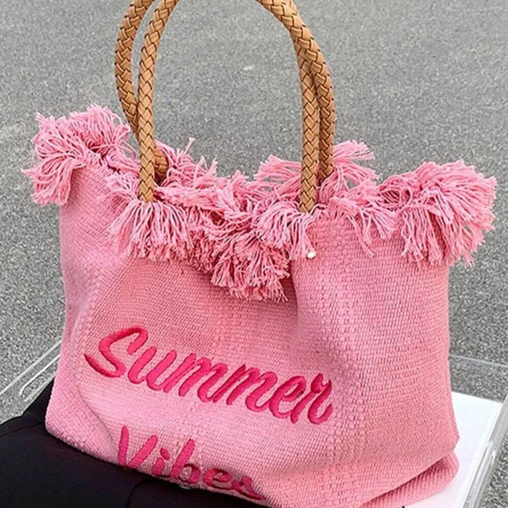 Pink Vacation Women's Large Capacity Letter & Tassel Canvas Tote Bag